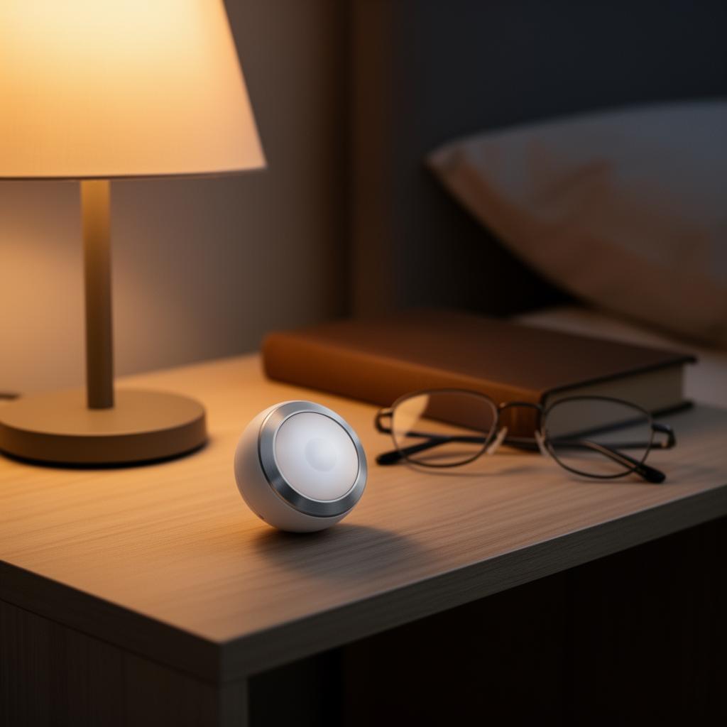 tapLumo button on a wooden nightstand next to a warm lamp, book, and reading glasses