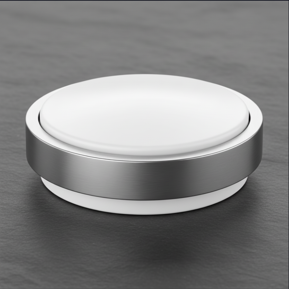 tapLumo button shown at scale, white cap on brushed aluminum body
