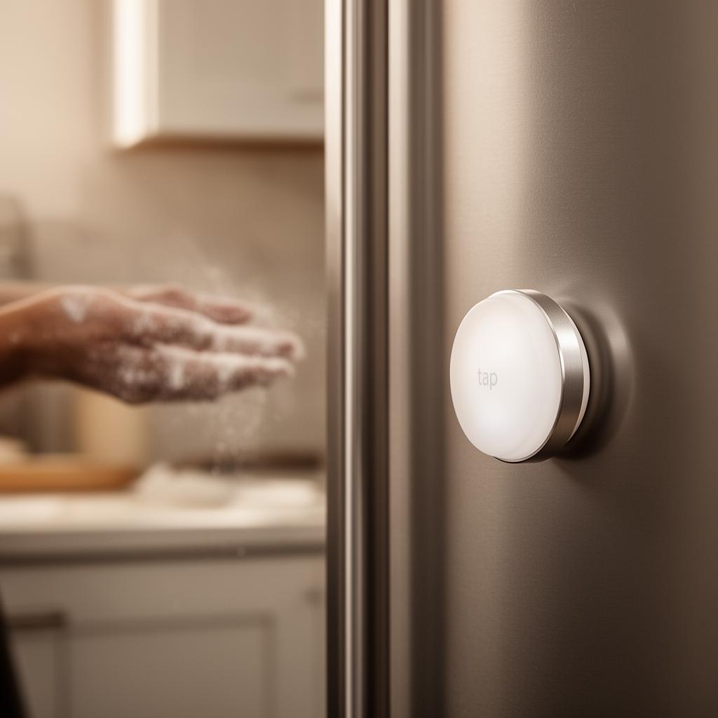 tapLumo button stuck to a stainless steel fridge with a floured hand reaching past it