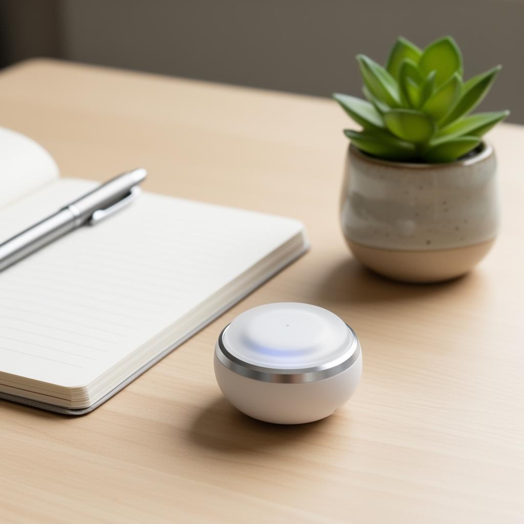 tapLumo button resting on a wooden desk beside a notebook, pen, and small plant