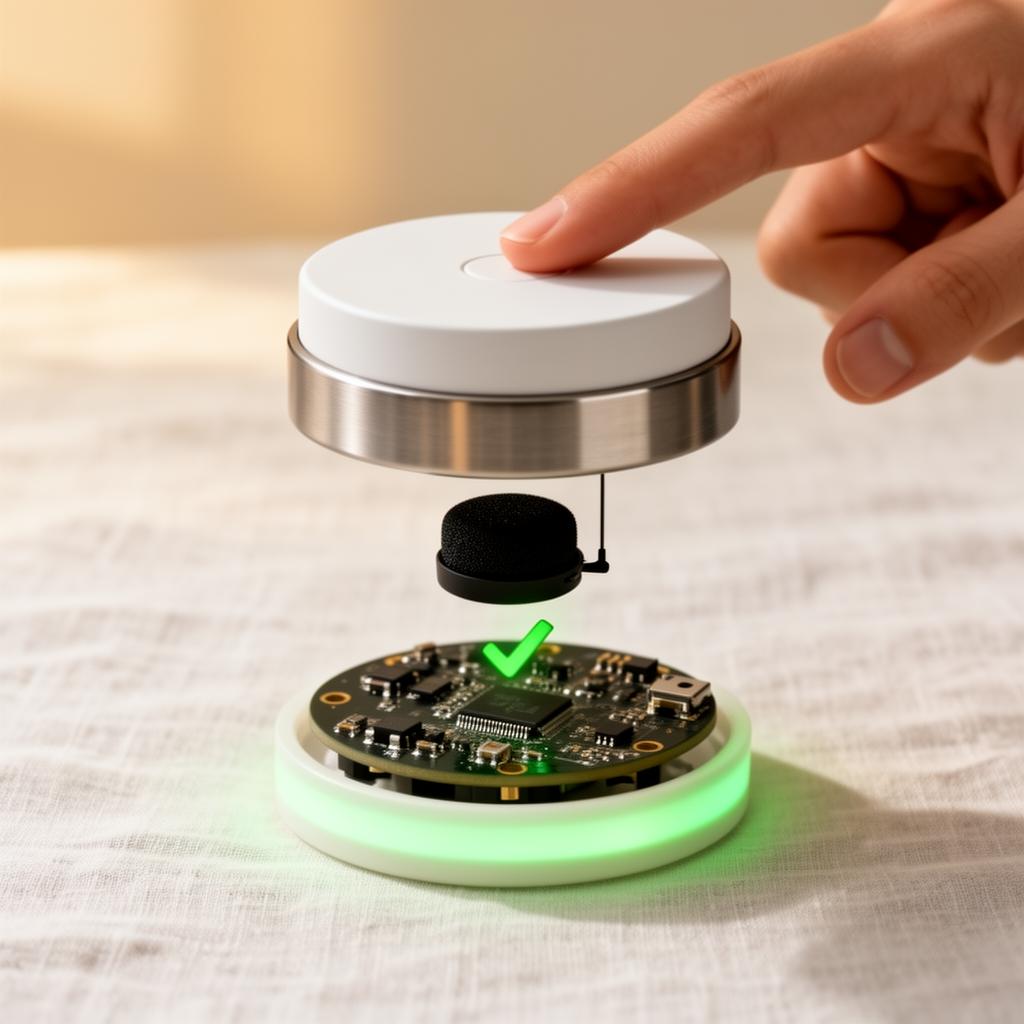 A fingertip pressing the tapLumo cap, with a green check between the microphone and the board and a green LED ring glow