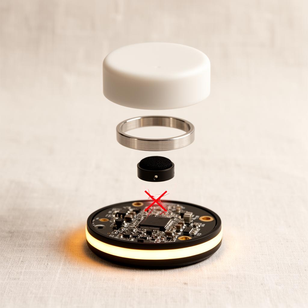 Exploded tapLumo with a red X between the microphone and the board, indicating an open circuit