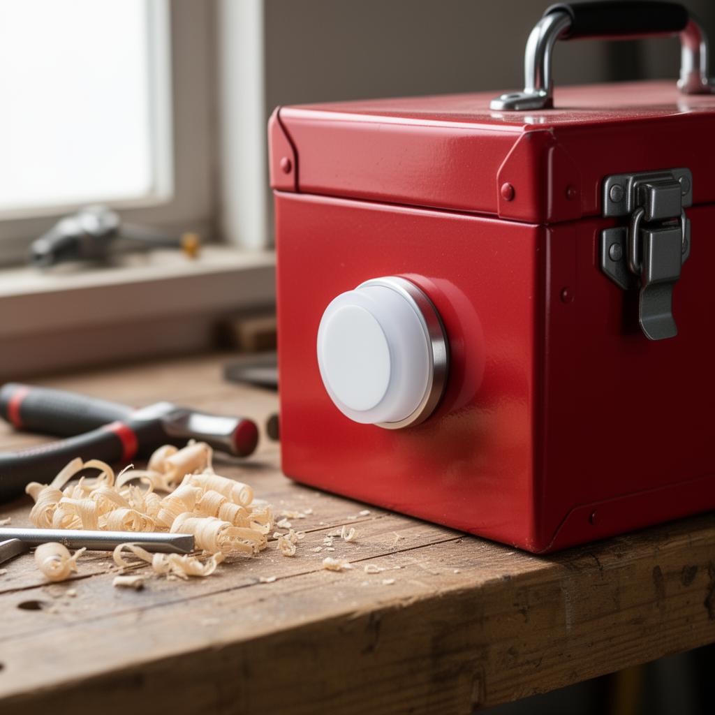 tapLumo button magnetically attached to a red toolbox on a workshop workbench